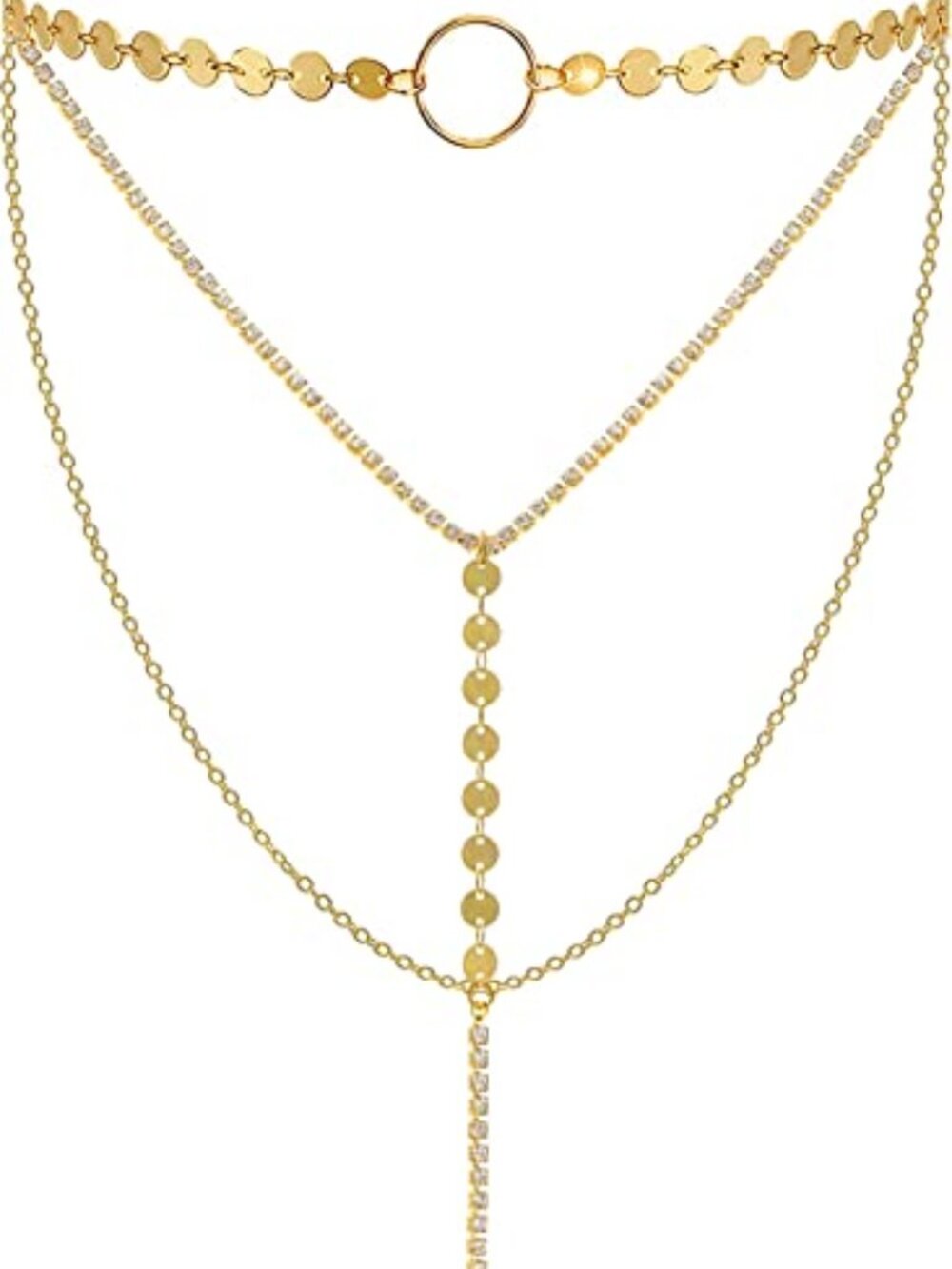 Stylish Layered Sequins Choker Necklace with Thin Long Chian Pendant for Women